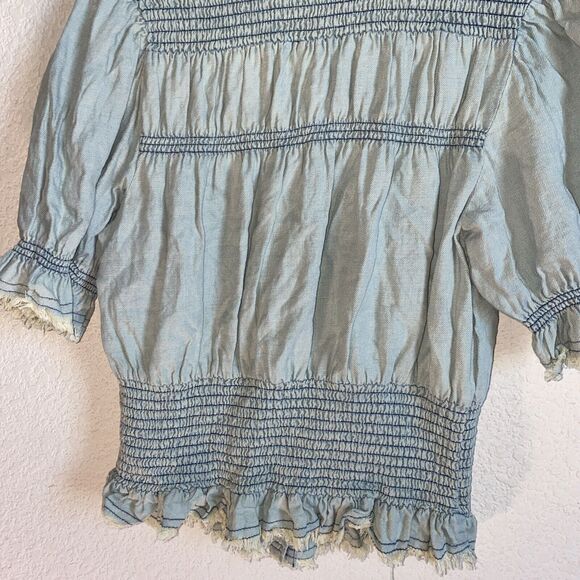 Pilcro Anthropologie Western Antique Denim Smocked Crop Frayed Button Blouse M - Picture 10 of 13